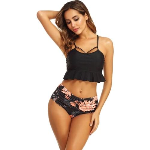 2021 bikini split swimsuit womens lotus edge high-waisted swimwear print foreign trade bikini 2 piece set women