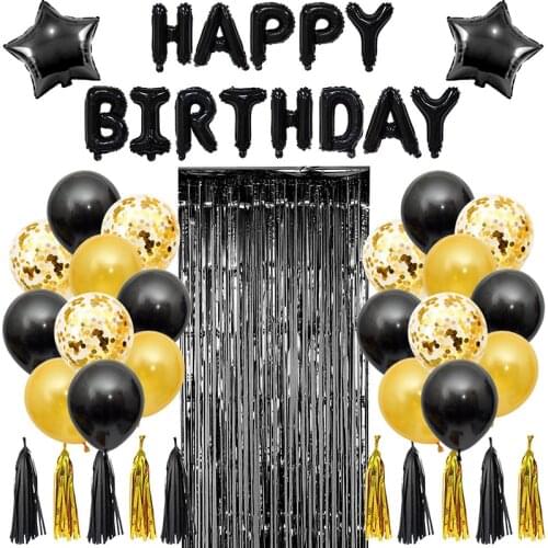 47Pcs/Pack Black Gold Latex Balloon Foil Fringe Curtain Tassel Happy Birthday Letters Balloons Boys Girls Home Party Decoration