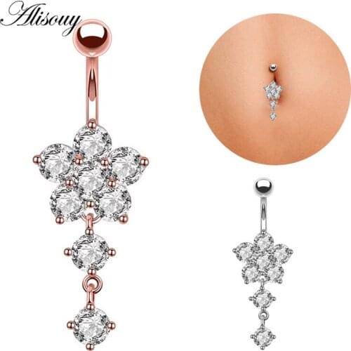 Alisouy 1Pc Zircon Flower Navel Ring Percing Belly Button Rings Nombril Belly Piercing Belly Rings Stainless Steel Body Jewelry
