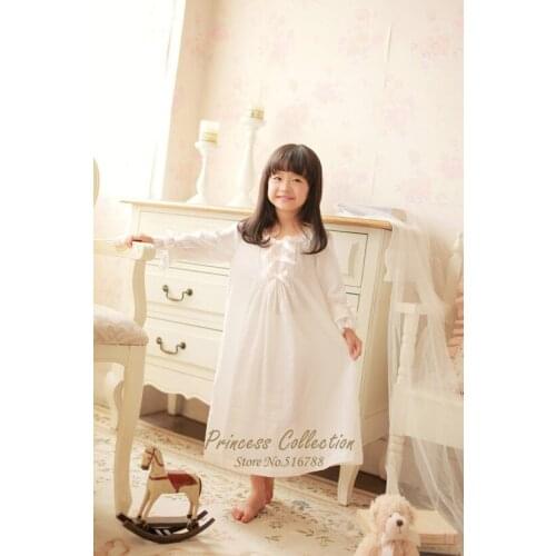 Free Shipping 2016 New Spring 100% Cotton Princess Pijamas Long White Nightdress Girls Nightgown 100% Cotton Sleepwear