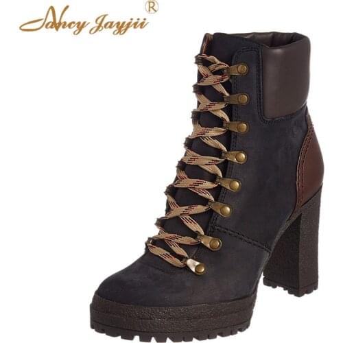 Women Shoes Adult Ladies Boots Solid Ankle Lace-Up Cross-tied Super High Square heel Round Toe Fashion Mature Nancyjayjii 2019
