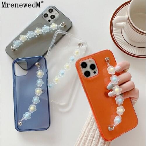 Fashion Color Flower Wrist Chain Bracelet Case For iPhone 11 12 Mini X XR XS Max SE2 7 8 Plus Transparent Shockproof Phone Cover