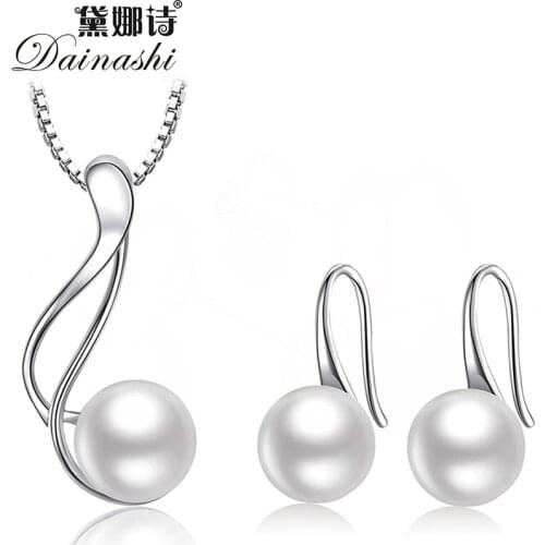 Dainashi Elegant 925 Sterling Silver AAAA Freshwater Cultured Pearl Jewelry Set 8-9 mm Pearl Pendant Necklace Pearl Earrings Set