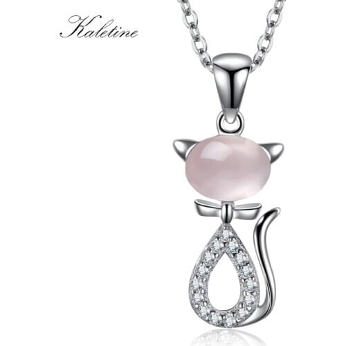 Kaletine Genuine 925 Sterling Silver Long Chain Pendant Necklace Pink Opal Cat Eye CZ Cute Personalized necklace Animal Jewelry