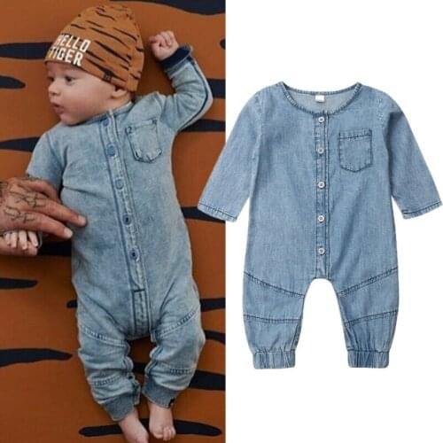 Lioraitiin Newborn Baby Boy Girl Romper Clothes Denim Romper Outfits 0-24M Long Sleeve Denim Jumpsuit