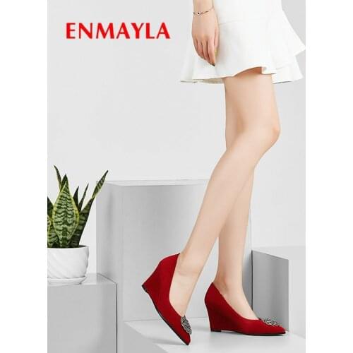ENMAYLA 2020 Kid Suede Pointed Toe High Heel Shoes Wedges Basic Office & Career Wedding Shoes Slip-On Crystal Women Pumps 34-40