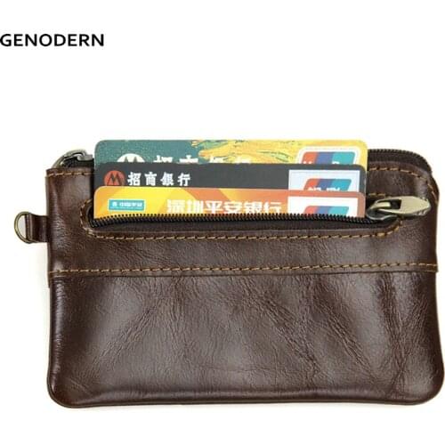 GENODERN Genuine Leather Slim Coin Purse Men Coffee Coin Holder Women Zipper Wallet Card Holder
