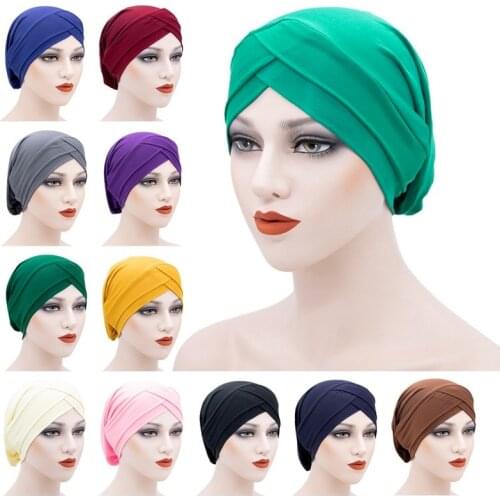 Muslim Fashion Women Headscarf New Solid Color Milk Silk Bottomed Hat Muslim Pullover Headband Forehead Cross Chemotherapy Hat