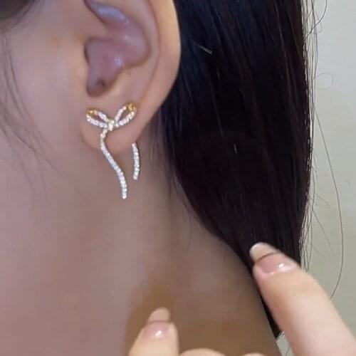 Exquisite Micro Zircon Bowknot Stud Earrings for Women Gold Plated Korean Fashion Statement Simple Jewelry 2021 New Arrival