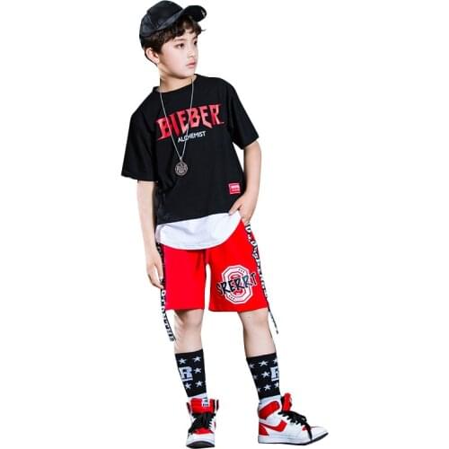 Summer Boy Sport Print word Clothing Set Short Sleeve+Pants Teen School Fashion Hip hop Perform Clothes child jazz dance costume