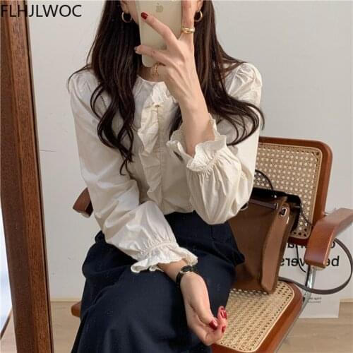 Hot Sales Fenimine Clothes Korea Women Elegant Office Lady Fashion Basic Wear Ruffled Vintage Cute Cotton Blend Tops And Blouses