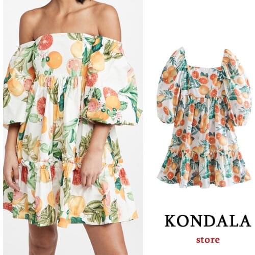 KONDALA Women Za Fashion Graffiti Print Puff Sleeve Mini Dress Ruffles Trim Elastic Summer 2021 Dresses Female Vintage Vestidos