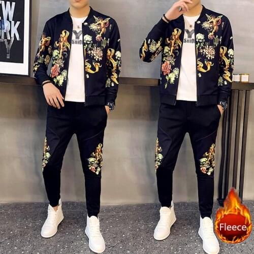 Fashion 2-piece Set Track Suits Sweatsuit Man Tracksuit Fleece Printed Jacket + Pants Sportwear Sets Winter Thick Warm Mens Set