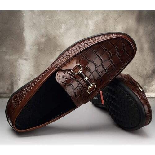Phenkang Men Leather Summer Alligator Texture Slip-On Casual Shoes Male loafer Mens Coffee Mens Loafers Driving Shoes