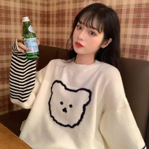 Autumn And Winter Stitching Sweater 2021 New Printing Korean Round Neck Simple Knitted Bottoming Pullover Em