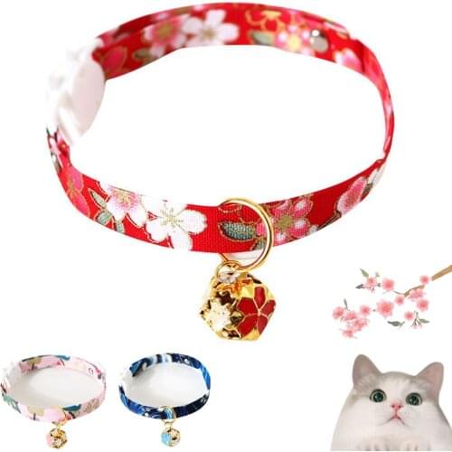 Cat Collar with Hollow Bell Flower Cute Kimono Adjustable Cat Collars Safety Japanese Style for Kitten Puppy Pets