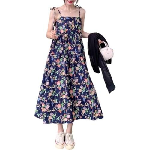 PERHAPS U Bohemian Flower Print Lace Up Spaghetti Strap Camisole Pleated Folds Maxi Long Mid Calf Dress Holiday Plus Size D3079