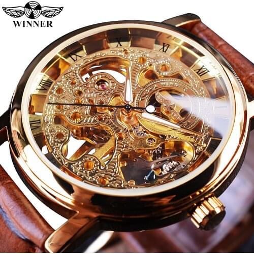 Winner Transparent Golden Case Luxury Casual Design Brown Leather Strap Mens Watches Top Brand Luxury Mechanical Skeleton Watch