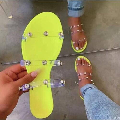 LLOGAI Summer New Women Three-layer PVC Rivet Beaded Flat Non-slip Durable Slippers Outdoor All-match Casual Sandals Size 35-43