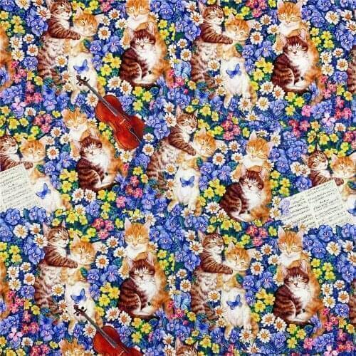 Cello Cat Butterfly Flower Print 100% Cotton Fabric for Girl Clothes Hometextile Cushion Cover Backpacks DIY