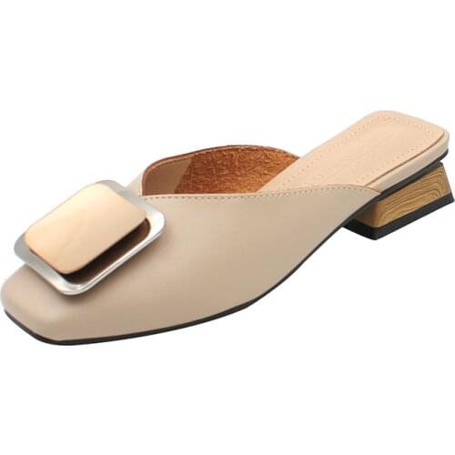 ZAR Women Flat Sandals Summer 2021 Brand Shoes Metal Button Sexy Square Head Womens Low-Heeled Lazy Slippers Chaussure Femme