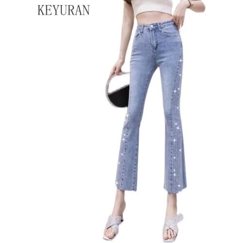 2021 Summer Hot Rhinestone Jeans Girls Europe Style Flared Pants Stretch Womens Slim Ankle-length Pants Y2K Pantalon Pour Femme