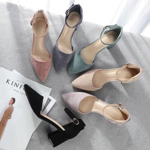Women Square High Heels Pumps Shoes Woman 2020 Female Ankle Strap Faux Suede Pointed Toe Heeled Sandals Lady Office Career Shoe