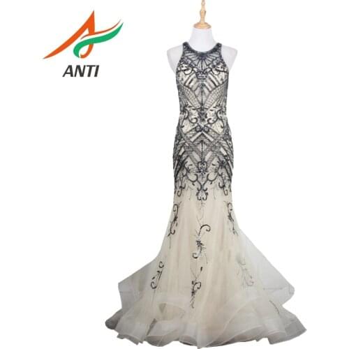 ANTI Evening Dress Long 2019 Robe de soiree luxurious Crystal Pearls Beading Mermaid Floor-Length Tulle Dress Gowns For Woman