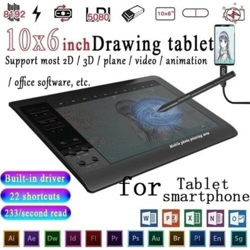 10x6 Inch Professional Graphics Drawing Tablet 12 Express-Keys Graphic Tablet with 8192 Levels Battery-Free Stylus/Pen Holder