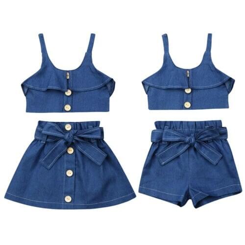 Girl Clothes 2PCS Toddler Kids Girls Denim Blue Strap Tops Shorts/Skirt Outfits Set Clothes
