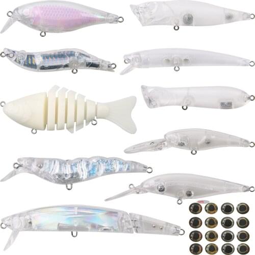20pcs Various Shapes Blank Fishing Hard Lures DIY Creative Artificial Unpainted Hard Fishing Baits With Free Gifts 3D Fish Eye
