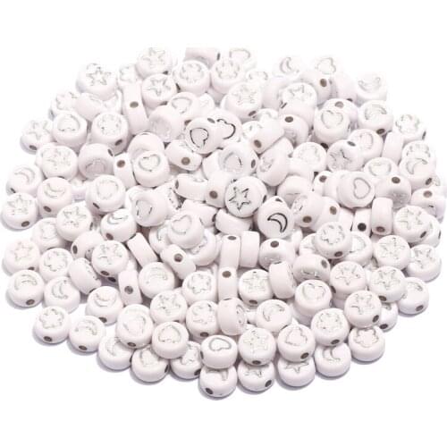 7mm White and Silve Acrylic Beads Round Flat Mixed Heart Star Moon Flower Beads For Diy Bracelet Jewelry Making Accessories