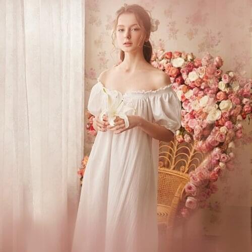 Free Shipping 100% Cotton Princess Nightdress Womens Long Nightgown White Pijamas Royal Sleepwear pijamas femininos verao