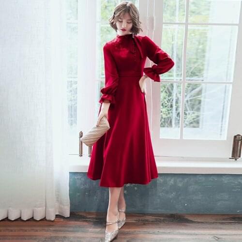 Burgundy Formal Party Dress High Collar Full Sleeves Tea-length A-line Plus size Customized Appliques Lady Evening Dresses A065