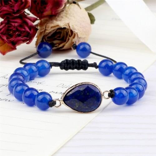 Charm Blue 8mm Beaded Bracelets&Bangles Chalcedony Jades Crystal Smooth Stone Stretched Woven Handmde Bracelet Couples Jewelry