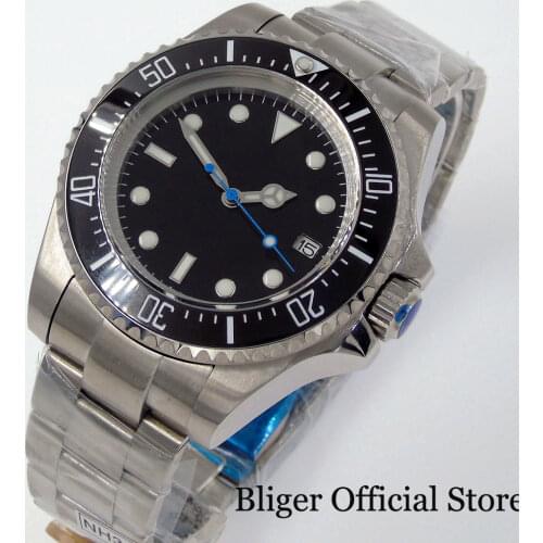 BLIGER 44mm Big SEA Sterile Black Dial 24 Jewels NH35A Blue Second Hand Mechanical Men Watch Brushed Oyster Strap Screw Crown