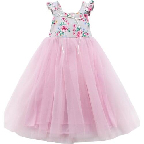 Flower Girl Maxi Dress Lace Princess Party Ball Gown Dresses Ruffles Floral Patchwork Sundress Back Cross Flower Tutu Dress 1-7Y