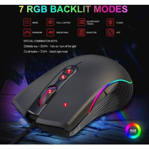 A867 Gaming Mouse 7 Buttons 6400Dpi Optical USB Wired Desktop Mice RGB Backlit Mice for PC Computer Laptop Gamers
