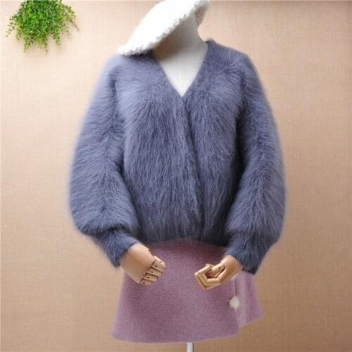 Female women short style Korean fashion hairy mink cashmere v-neck long lantern sleeves crop top cardigan angora fur jacket coat