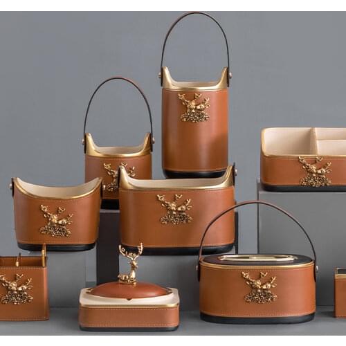 American Brown Leather Storage Basket Desktop Tissue Box Dressing Table Cosmetics Jewelry Storage Box Multifunctional Art Crafts