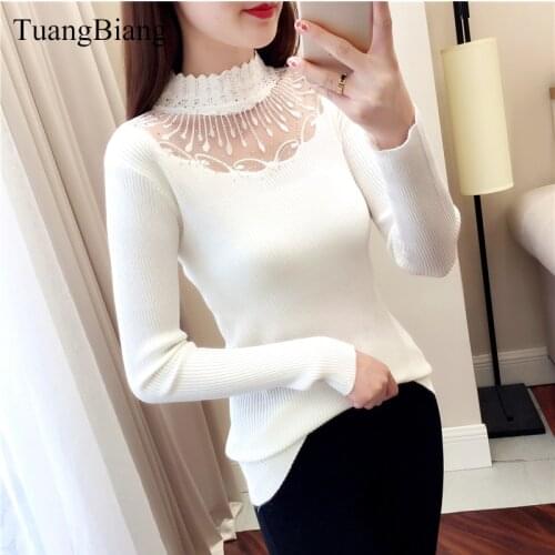 2020 Lace Turtleneck Pullovers Sexy Sweaters Hollow Out Winter Ladies White Sweaters Elasticity Bodycon Basic Long Sleeve Jumper