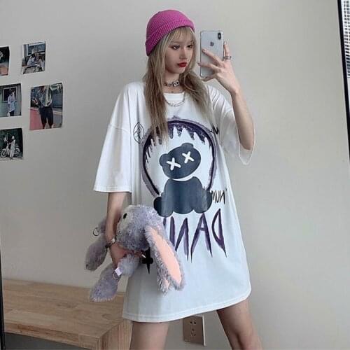 Summer new style bear graffiti printing cotton all-match short-sleeved T-shirt for women and men loose couples trendy tops