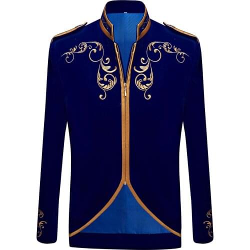Fashion Hot Sale Mens Black Velvet Gold Embroidery Blue Noble Lace Stitching Prince Gold Embroidery Suit Blazers Men Blazers