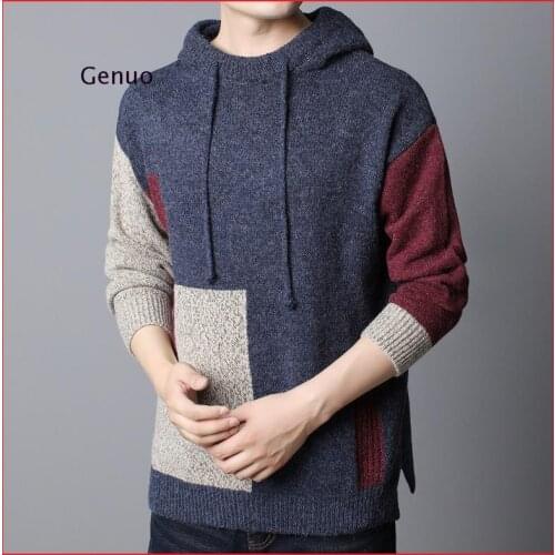 M-5Xl Mens Sweaters Winter Male Pullovers Clothing Hooded Long Sleeve Patchwork Thicken Warm Comfortable Man Top Clothes