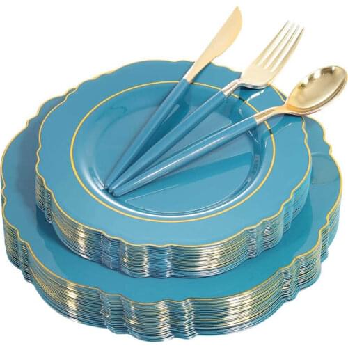 Disposable Cutlery Set Blue Pink Plastic Tray With Golden Border and Golden Disposable Silverware Wedding Party Supplies