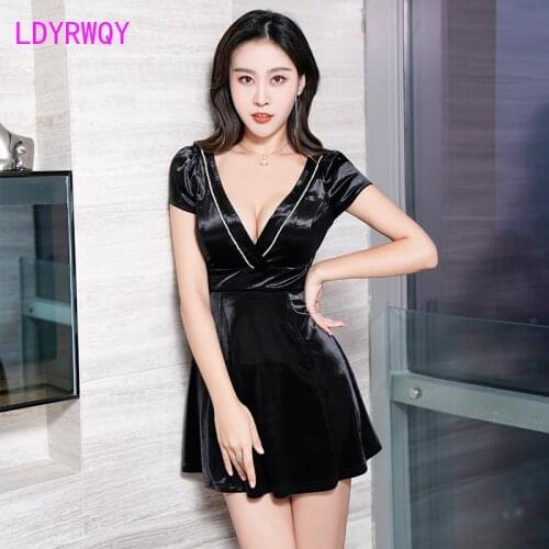 LDYRWQY Nightclub womens new fall and winter velvet fashion night show split temperament hip package sexy dress