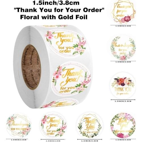 New Charming 1.5inch/3.8cm Floral with Gold Foil "Thank You for Your Order" Sticker Seal Label For Boutique Bakery Gift Package