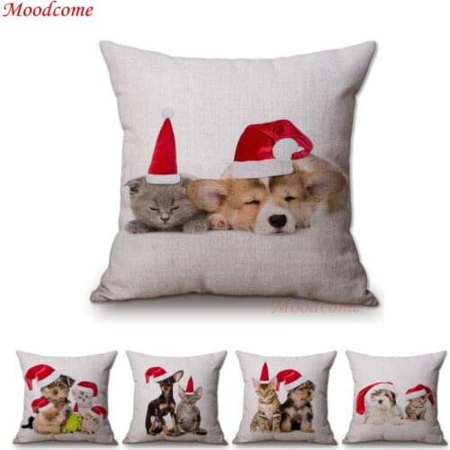Cute Animals Christmas Series Puppy Dog Kitten Kitty Cat in Christmas Hat Home Decorative Sofa Throw Pillow Case Cushion Cover