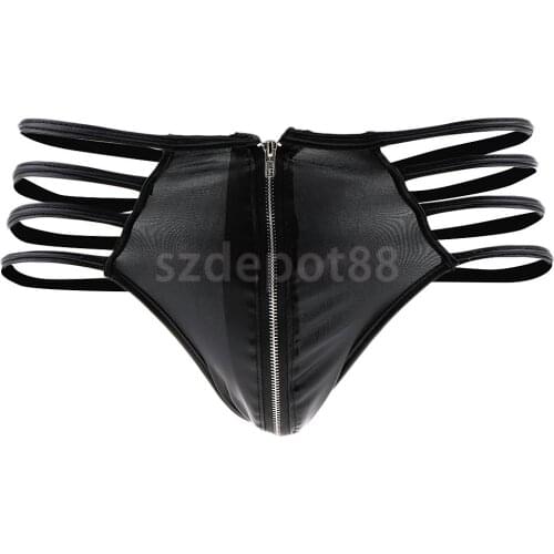 Sexy Men Black PU Leather Thong Front Zip T Back Underwear Underpants
