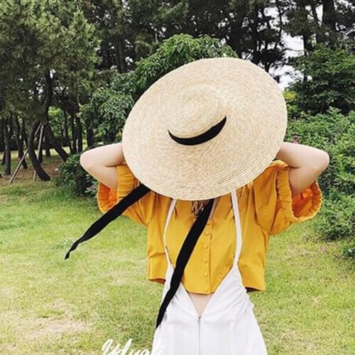 Women Natural Wheat Straw Hat Ribbon Tie 15cm Brim Boater Cap Derby Beach Sun Hat Flat Top Lady Summer Wide Brim UV Protect Hats
